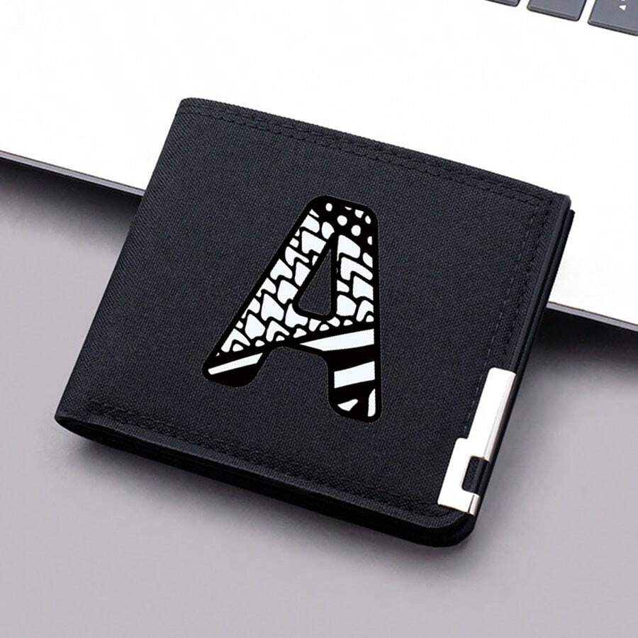 1 Stylish Men's Wallet Convenient Black Canvas Card Holder 26 Letters Double Folding Short Wallet Wallet Small - Black - View 1
