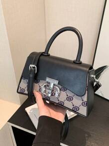 1pc Vintage Box Handbag For Women, Letter Printed Flap Crossbody Bag, Square Shape, Detachable Strap - Black - View 3