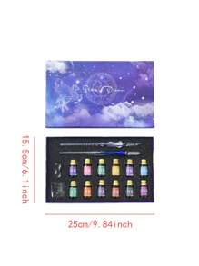 16 piezas/Set Pluma de cristal con diseño de cielo estrellado, incluye pluma fuente de tinta de inmersión, pluma de inmersión de cristal, pluma de práctica de escritura, regalo de papelería para estudiantes - azul real - Ver 2