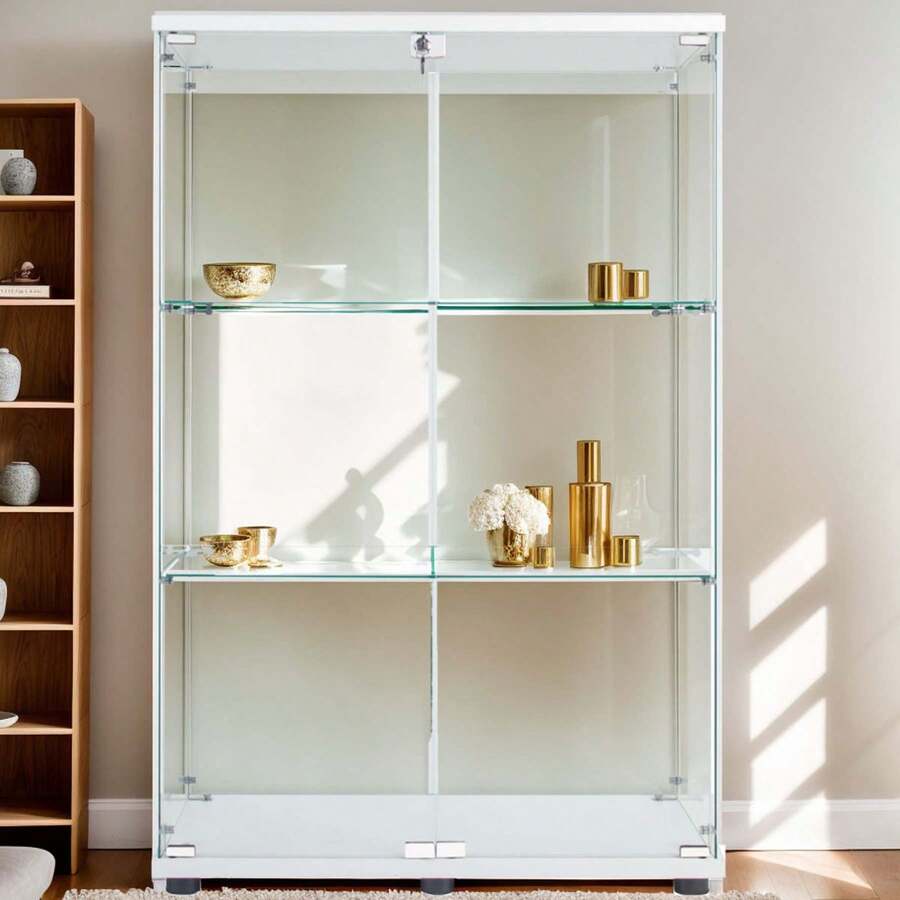 Glass Display Cabinet For Collectibles,Floor Standing Glass Display Case For Toys&Books,Curio Cabinets With Glass Doors,Glass Cabinet Display Case With 3-Shelf For Bedroom,Living Room - White - View 1