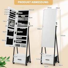 Jewelry Cabinet With Mirror, 360° Rotating Mirror Cabinet With Drawer, Lockable Jewelry Storage With Wheels (White) - 白色 - 查看 5