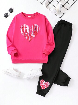 2pcs/Set Tween Girl Round Neck Long Sleeve Heart Sweatshirt + Black Pants Casual Sports Outfit, Autumn Winter