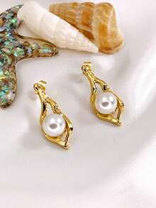 欧美时尚18k金珍珠耳环女士高档不对称防过敏不锈钢耳环 - 彩色 - 查看 4