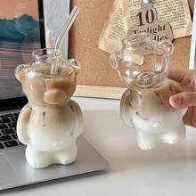 1 pieza Taza de oso pequeño popular del restaurante Ins, taza de vidrio de dibujos animados creativa para jugo de fruta, leche, té - transparente - Ver 2