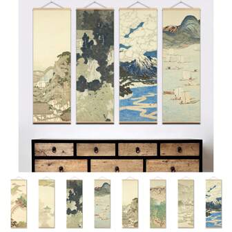 1Pc Japanese Ukiyoe Art Scroll Canvas Poster Vintage River Landscape Scroll Wall Art Pictures Living Room Painting Farmhouse Decor Ready To Hang Gifts Birthday Graduation