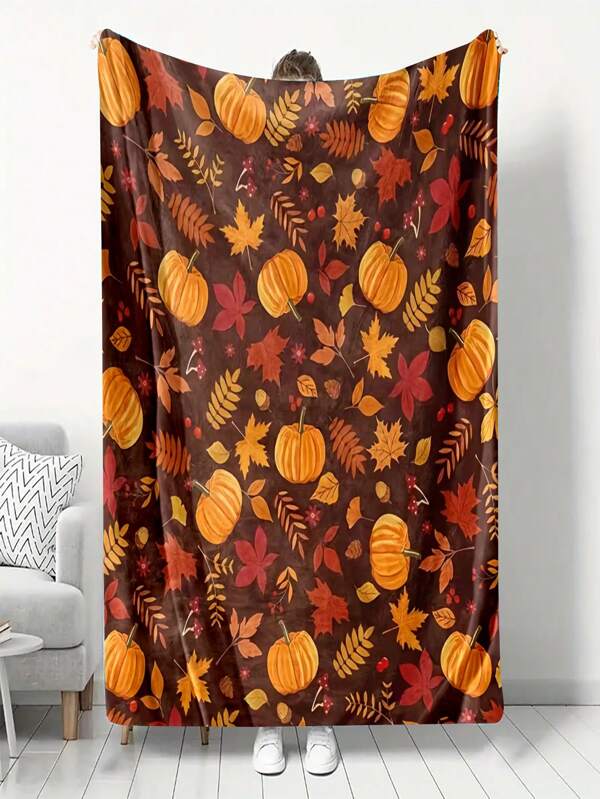 Couverture à motif de citrouille d'automne 1 pièce, couverture de voiture chaude et confortable, couverture polaire imprimée numérique haute définition, adaptée à toutes les saisons, peut être offerte aux parents et amis, petite couverture multifonctionnelle, couverture de sieste de bureau, literie et housse de canapé, couverture de dortoir , Couverture, petite couverture épaisse et chaude de haute qualité pour canapé