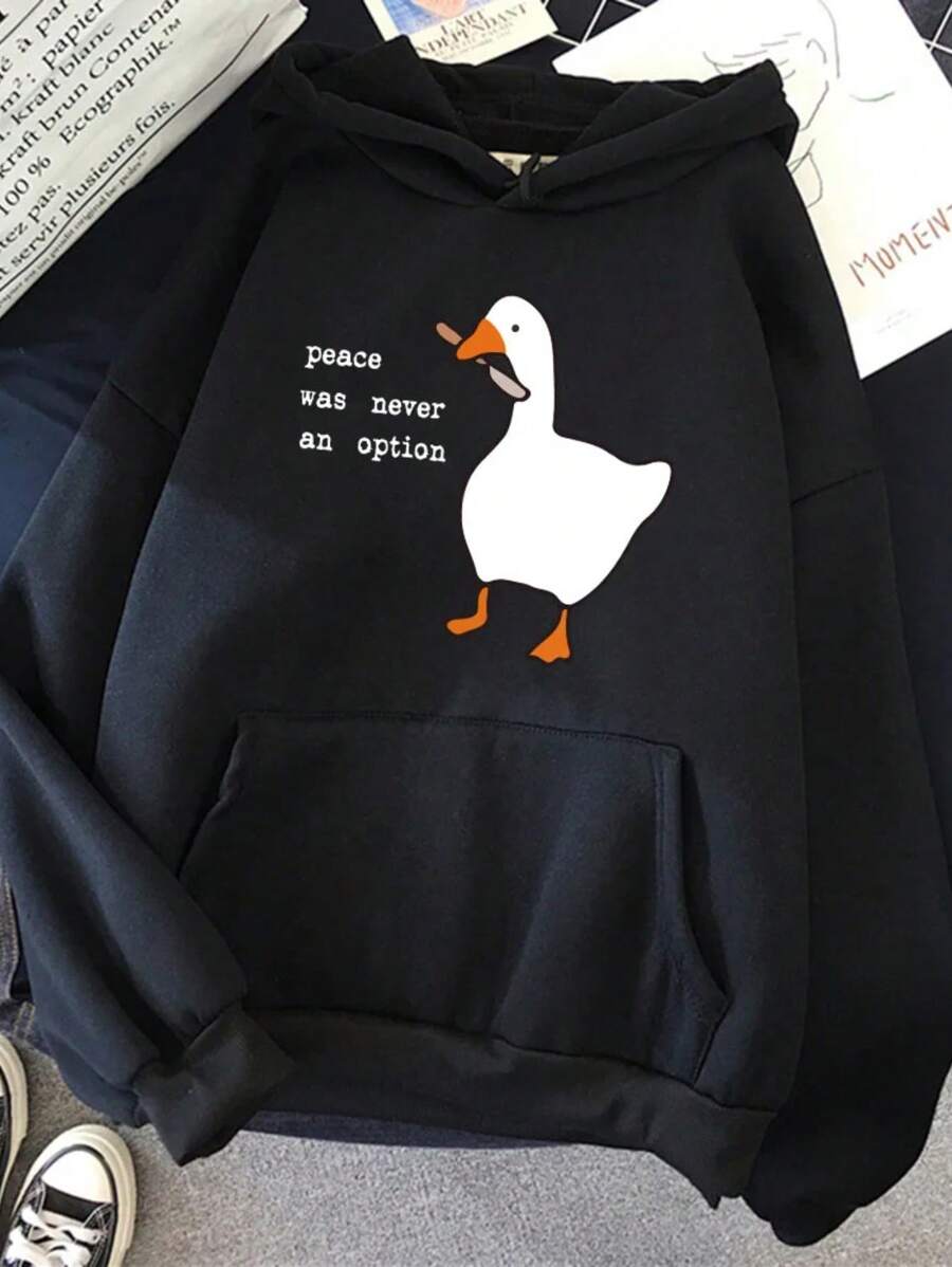 Peace Was Never An Option Goose Print Sweatshirt Cute Casual Pullover Creative Pocket Warm Men's Fashion Hoodie - Black - View 1