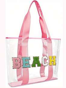 1 件粉色沙滩托特包大容量防水 PVC 手提包学院风可爱女士女孩旅行雪尼尔 STUFF TRAVEL 字母包透明带手柄适合游泳旅行体育场夏季泳池派对