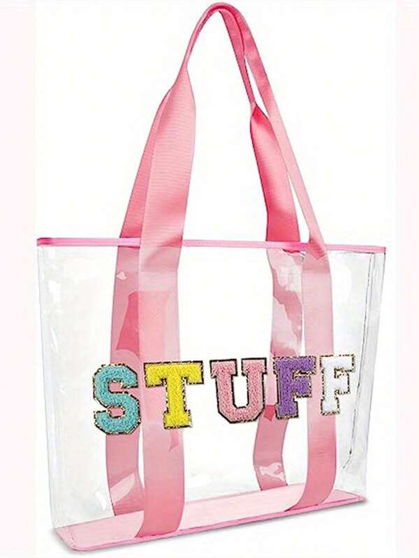 1 Piece Pink Beach Tote Bag Large Capacity Waterproof PVC Hand Bag Preppy Cute Women Girls Travel Chenille STUFF TRAVEL Letter Bags Clear Transparent With Handles For Swim Travel Stadium Summer Pool Party