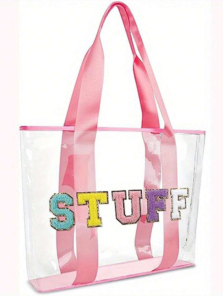 1 件粉色沙滩托特包大容量防水 PVC 手提包学院风可爱女士女孩旅行雪尼尔 STUFF TRAVEL 字母包透明带手柄适合游泳旅行体育场夏季泳池派对