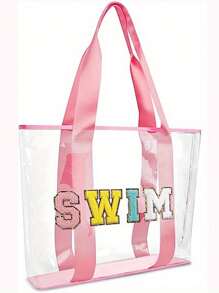 1 件粉色沙滩托特包大容量防水 PVC 手提包学院风可爱女士女孩旅行雪尼尔 STUFF TRAVEL 字母包透明带手柄适合游泳旅行体育场夏季泳池派对