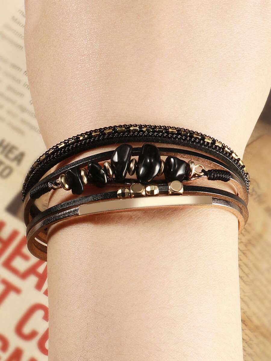 1 件欧美风格皮绳、天然石、铜管设计女士黑色手链、夏日海滩