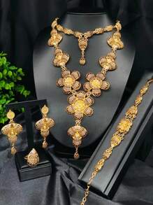 1 套 4 件镀金花卉设计项链、耳环、手链和戒指，时尚珠宝套装，适合女性、新娘、婚礼、派对、圣诞节、新年、礼物 - 金黃色 - 查看 1