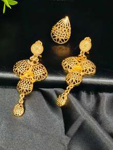 1 套 4 件镀金花卉设计项链、耳环、手链和戒指，时尚珠宝套装，适合女性、新娘、婚礼、派对、圣诞节、新年、礼物 - 金黃色 - 查看 3