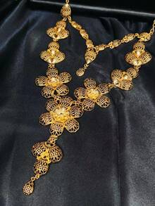 1 套 4 件镀金花卉设计项链、耳环、手链和戒指，时尚珠宝套装，适合女性、新娘、婚礼、派对、圣诞节、新年、礼物 - 金黃色 - 查看 4