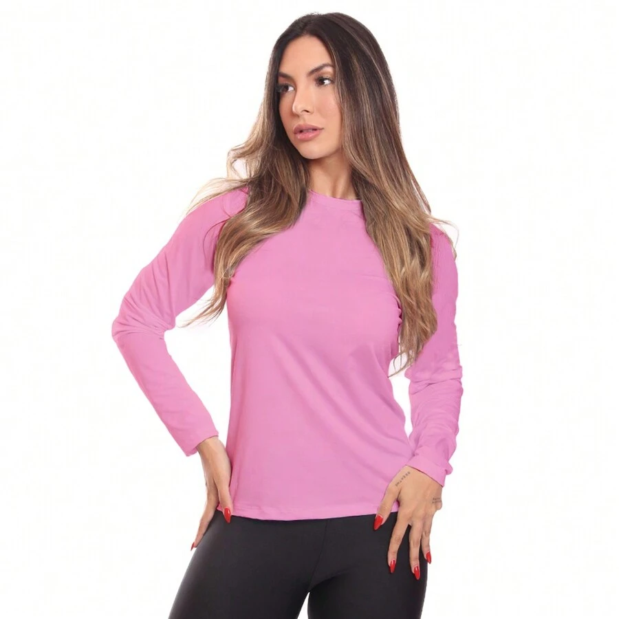 Women's Long Sleeve Dry Fit Basic Plain T-Shirt Sun Protection UV Thermal Gym Sports Top - 玫紅色 - 查看 1