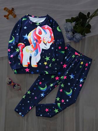 2pcs/Set Kids Casual Long Sleeve Crew Neck Sweatshirt And Pants, Cartoon Unicorn & Star Glow-In-The-Dark Print, Fashion Outfit For Autumn/Winter