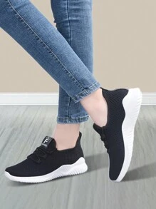 Zapatillas de deporte de tela facial transpirable de color sólido para mujer, zapatos casuales de mujer casual con cordones de punta redonda, cómodos tenis planos antideslizantes, adecuados para deportes, tenis, fitness, ejercicio, ropa casual, uso diario. - Negro - Ver 7