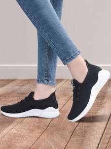 Zapatillas de deporte de tela facial transpirable de color sólido para mujer, zapatos casuales de mujer casual con cordones de punta redonda, cómodos tenis planos antideslizantes, adecuados para deportes, tenis, fitness, ejercicio, ropa casual, uso diario. - Negro - Ver 8