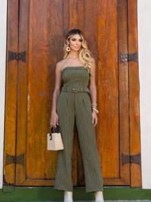 Strapless Pantalona Jumpsuit With Bulges And Contrasting Waist Pockets - 深色水洗藍 - 查看 2