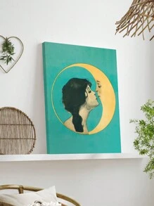 1入復古藝術畫布海報，女子與新月黃月光接吻畫布油畫，古董牆藝術畫布海報，浴室臥室辦公室客廳家居牆壁裝飾油畫，不包含畫框 - 彩色 - 查看 1