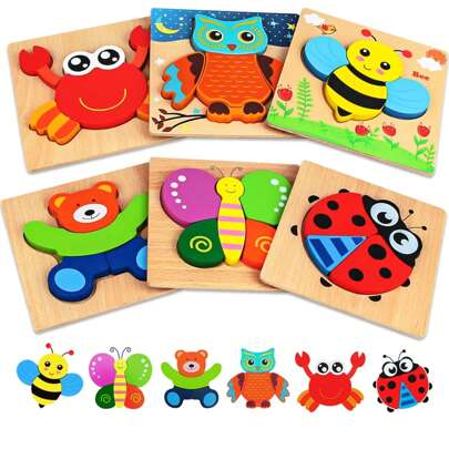 Dreampark 木制拼图适合 3-6 岁幼儿，蒙特梭利玩具适合 3 岁女孩男孩宝宝儿童拼图学习教育圣诞节生日礼物玩具动物拼图