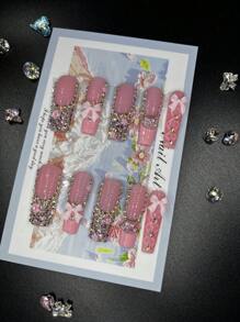 10pcs Extra Long Handemade Press On Nails For Party And Daily Wear, 3D Rhinwstones,Flowers,Bowknot,Kitty And Ballet Elements For Girls,Easy To Wear10pcs Y2K Extra Long Handmade Press On Nails,Shiny Atirficial Gems,Spring And Summer Style,Suitable For Girls And Women Festivals Parties And Daily Wear - Hồng - Xem 3
