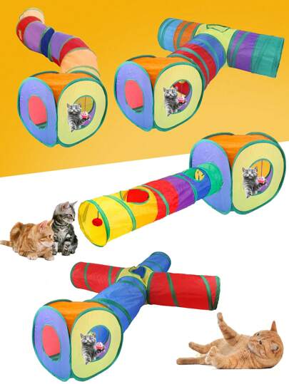 Foldable Rainbow 4-Way Cat Tunnel, DIY Combination, Rabbit Small Pet Straight-Through Tunnel, Indoor/Outdoor Collapsible, Portable, Cat Teaser Wand Toy