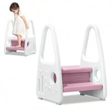 VA-Cerulean Step Stool For Toddlers Step Stool With 2 Steps Plastic Standing Children's Stool Step Ladder For Bathroom Children's Room Kitchen Bedroom, Grey / Pink / Green - 粉色 - 查看 1