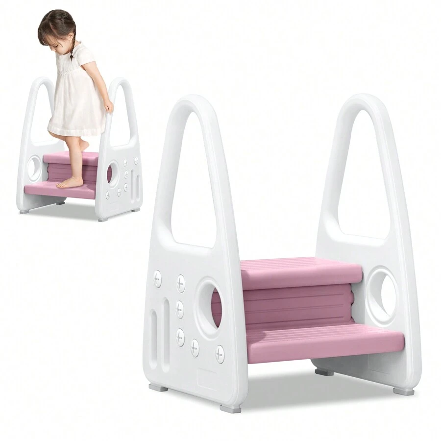 VA-Cerulean Step Stool For Toddlers Step Stool With 2 Steps Plastic Standing Children's Stool Step Ladder For Bathroom Children's Room Kitchen Bedroom, Grey / Pink / Green - 粉色 - 查看 1