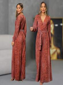 Elegant Women's Polyamide Tulle Long-Sleeve Jumpsuit With Loose Adjustment Band And Fashion - 摩卡棕 - 查看 4