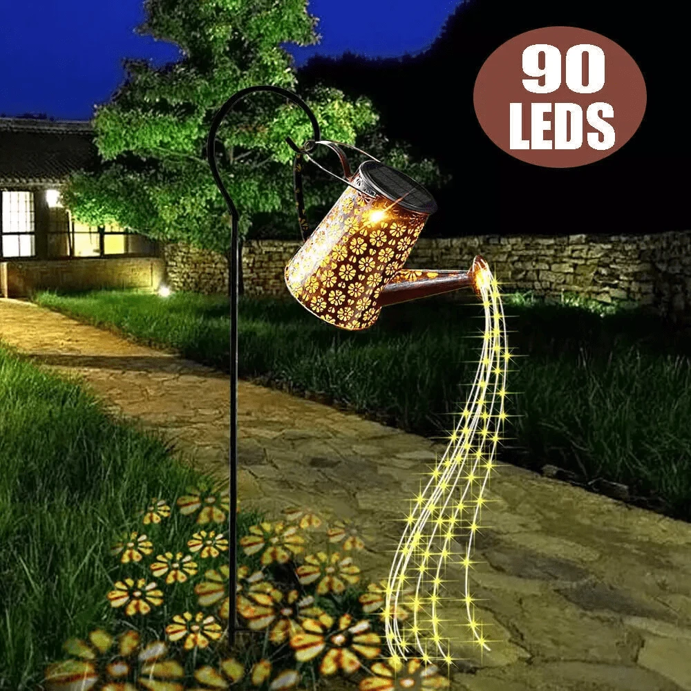 Solar Powered LED String Light Watering Can Outdoor Garden Art Lamp Hollow Decor - Brown - View 1