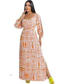 Elegant Foral Printed Long Party Dress With 3/4 Sleeves And Premium Line Slit - 彩色 - 查看 4