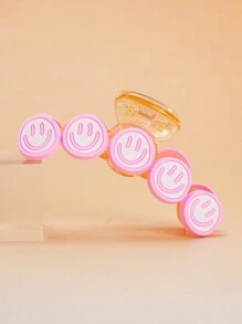 1pc Colorful Smiling Face Hair Claw, Dopamine Colorful Hair Claw, Suitable For Daily Use - Pink - View 3