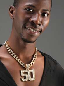 1pc Fashion Hip Hop Zinc Alloy Number Pendant Necklace, Suitable For Daily Wear For Men - Square Diamond 50 - View 1