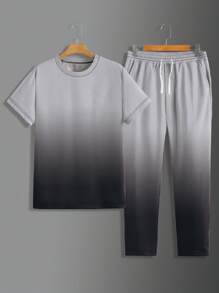 2 件套男士渐变休闲圆领 T 恤和运动裤套装，优质柔软面料运动服 - 灰色 - 查看 2