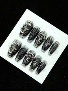 10 件手工制作深色哥特风格可重复使用指甲环圆形水钻包括工具包 - 黑色 - 查看 2