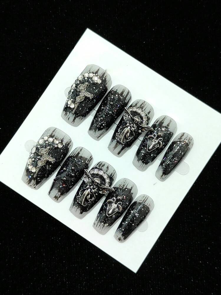 10 件手工制作深色哥特风格可重复使用指甲环圆形水钻包括工具包 - 黑色 - 查看 1