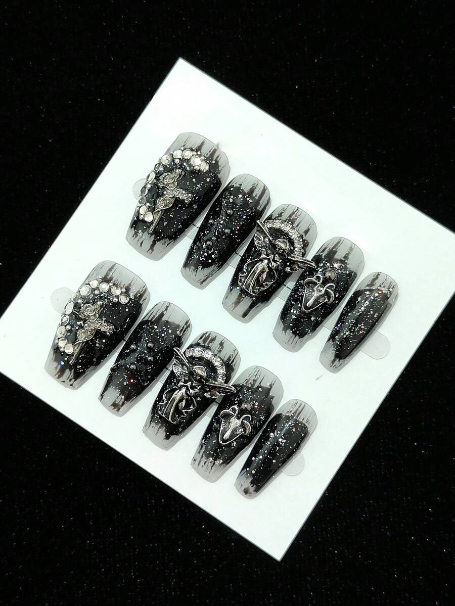 10 件手工制作深色哥特风格可重复使用指甲环圆形水钻包括工具包