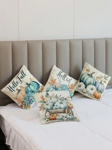 4 件/套感恩节装饰靠垫套，蓝色南瓜抱枕套，适合秋季，柔软亚麻材质 - 45 厘米 X 45 厘米 - 感恩节家居装饰 - 舒适、季节性家居装饰室内外派对用品，耐用、透气（无枕芯）