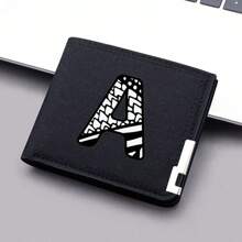 1 Stylish Men's Wallet Convenient Black Canvas Card Holder 26 Letters Double Folding Short Wallet Wallet Small - Black - View 9
