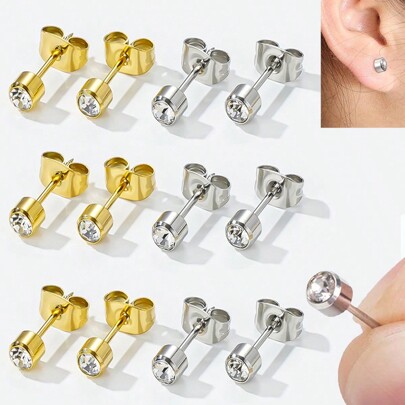 6pairs Gold Plated Steel Earring Studs For Ear Piercing Birthstone CZ Ear Stud Earrings Studs Tragus Cartilage Body Jewelry