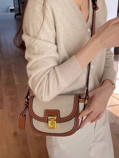 New Color-Block Saddle Bag Shoulder Crossbody Bag, Vintage Style Versatile Underarm Small Bag