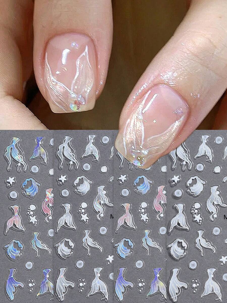 海洋主题指甲贴纸，海洋生物极光浮雕美人鱼尾巴海星贝壳设计指甲贴花滑块，自粘式夏季美甲用品用于美甲装饰，女士和女孩 DIY 美甲用品 - 彩色 - 查看 1