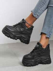 Tenis Chunky De Plataforma Para Mujer, Sneakers Urbanos Versátiles Que Combinan Con Todo, Calzado Ligero Y Transpirable Con Aumento De Altura - Negro - Ver 5