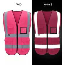 Vmingo 3 Piezas Chaleco Seguridad Reflectante Alta Visibilidad Industrial Brigadista con Bolsillos y Cremallera - Rosa - Ver 3