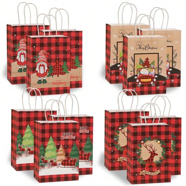 4/12/24 Bolsas de regalo de Navidad, bolsas de tela de Navidad con asas, bolsas de regalo de Navidad, bolsas de papel de Navidad de estilo a cuadros rojos y negros multifuncionales para envolver regalos, compras, suministros para fiestas de Navidad, decoraciones navideñas