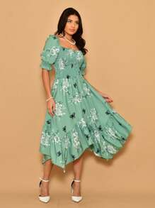 Helena Crepinho Printed Dot Midi Dress With Short Sleeves - Verde Oliva - Ver 4