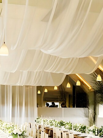 Rideaux de plafond de robe de mariée blanche, dais de toit, décoration. Rideau en tissu drapé de mousseline pour la scène de cérémonie de mariage, la décoration d'hôtel. Gros rideaux de plafond blancs pour arche de mariage, rideau en gaze et tulle pour décoration de fête, de cérémonie, d'hôtel, de printemps, de mariage, de la Saint-Valentin