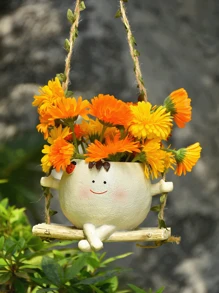 1pc Glossy Swing Smiling Face Planter Pot Head, Small Hanging Planter For Indoor Outdoor Plants, Cute Hanging Flower Pot For String Of Pearls Plant Live, Happy Resin Succulent Planter Gifts Birthday Graduation